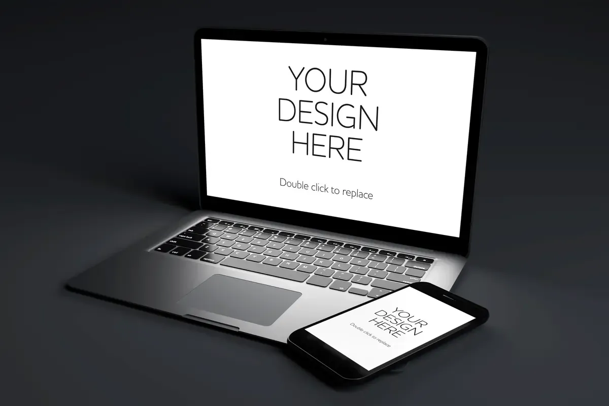 Laptop Computer Device With Screen Mockup Black Room — preview 1
