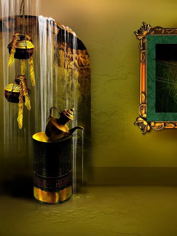 Olive Green Mottled Canvas Portrait Studio Backdrop with Vintage Baroque Gilded Frames & Velvet Drapery — preview 1