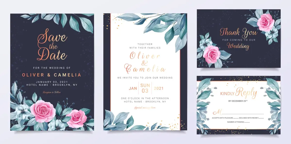 Blue Wedding Invitation Card Template Set With Flowers Decoration Blue Leaves — preview 1